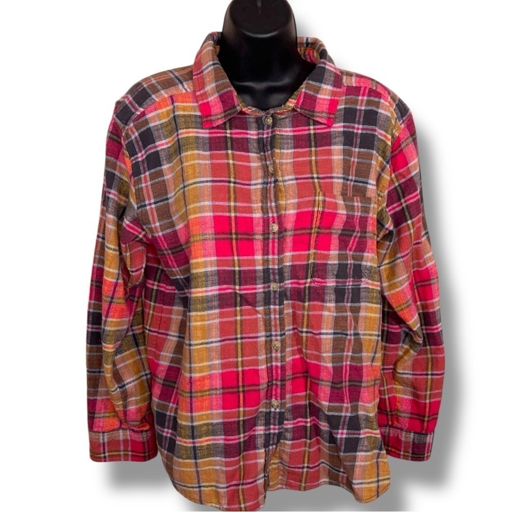 Small American Eagle Boyfriend Fit Flannel Shirt Mustard Plaid Pink Red Cotton